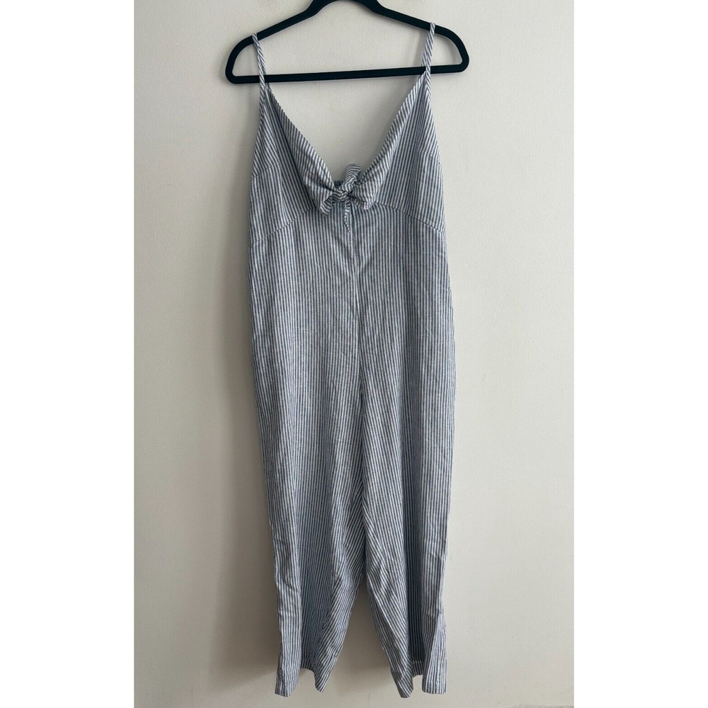 NWT Old Navy‎ Linen Blend Tie Front Striped Crop Jumpsuit Pockets Women's L